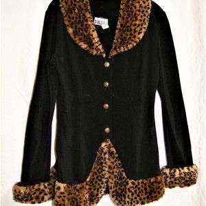 VINTAGE BLACK JACKET WITH LEOPARD TRIM L